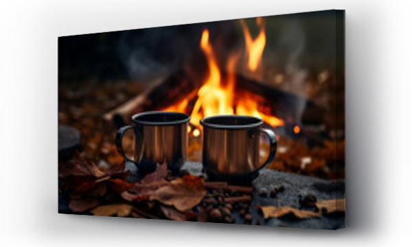 Wizualizacja Obrazu : #653375214 Two metal enamel cups of hot steaming tea on wooden log by an outdoor campfire. Drinking warm beverage by a bonfire.