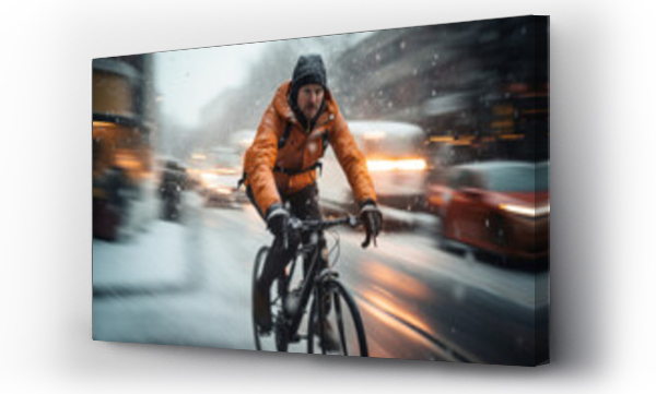 Wizualizacja Obrazu : #653375693 A man riding a bicycle in winter city during massive snowfall. Cycling in difficult weather conditions. Motion blur.