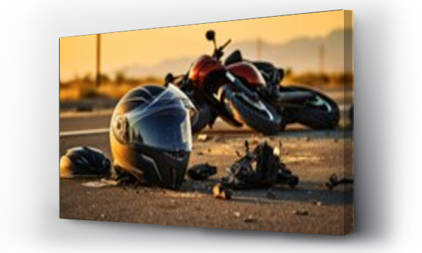 Wizualizacja Obrazu : #653620166 Photo of helmet and motorcycle on road, concept of road accidents. Generative AI