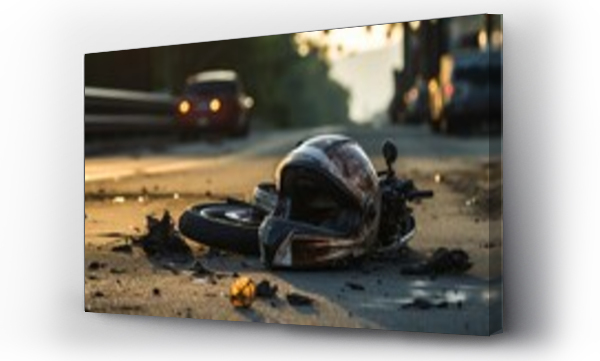 Wizualizacja Obrazu : #653620184 motorcycle helmet on the road, road accident concept. Generative AI