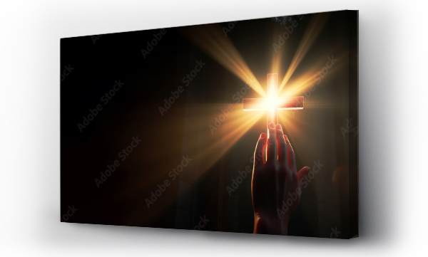 Wizualizacja Obrazu : #653643811 Hand reaching for the cross with light rays on a dark background. Copy space