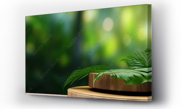 Wizualizacja Obrazu : #653798335 Blurry green monstera plant on a wooden outdoor podium displaying a natural beauty product