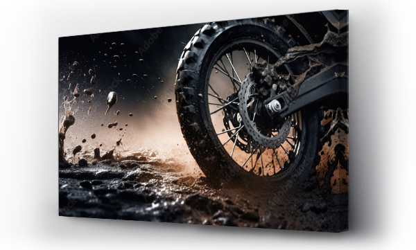 Wizualizacja Obrazu : #653863197 Off-road travel. Close up of a motorcycle wheels driving through mud
