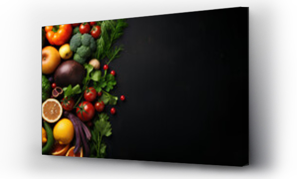 Wizualizacja Obrazu : #653881978 composition with fresh fruits and vegetables on dark background with space for your text.