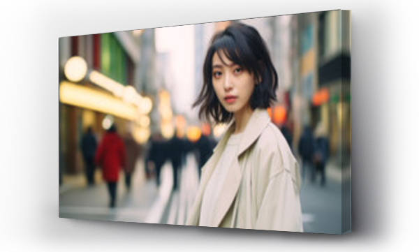 Wizualizacja Obrazu : #654079992 Asian woman standing on the street, busy, bustling, black hair, long white coat