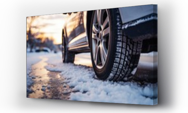 Wizualizacja Obrazu : #654250247 Close-up low angle shot of car tyre on a snowy road in winter