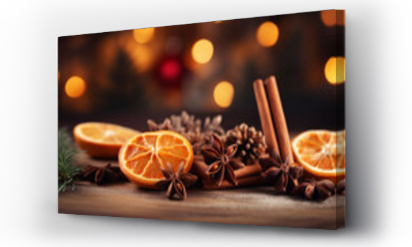 Wizualizacja Obrazu : #654259349 Traditional Christmas spices and dried orange slices on holiday bokeh background with defocus lights. Cinnamon sticks, star anise, pine cones and cloves. AI Generative