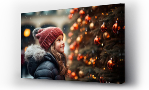 Wizualizacja Obrazu : #654271148 Side Profile of Joyful Girl by Christmas Tree in Snowy City Square