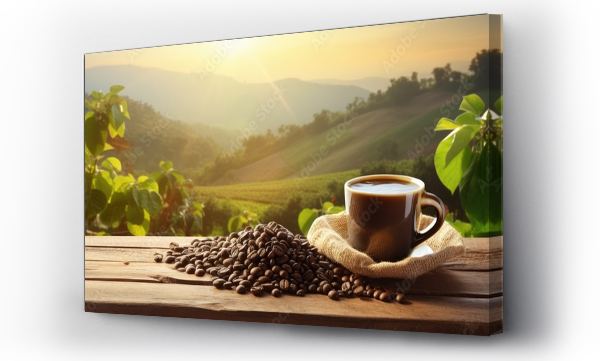 Wizualizacja Obrazu : #654627346 Front view of a wooden table with freshly brewed coffee a sack of beans plants coffee fields in the background and sun rays