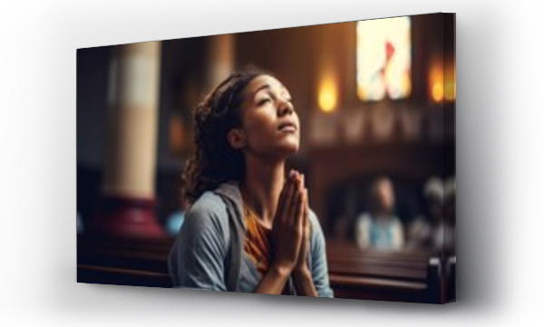 Wizualizacja Obrazu : #654684174 Young woman praying to god in church. Faith in religion and belief in God. Power of hope or love and devotion, Generative AI 