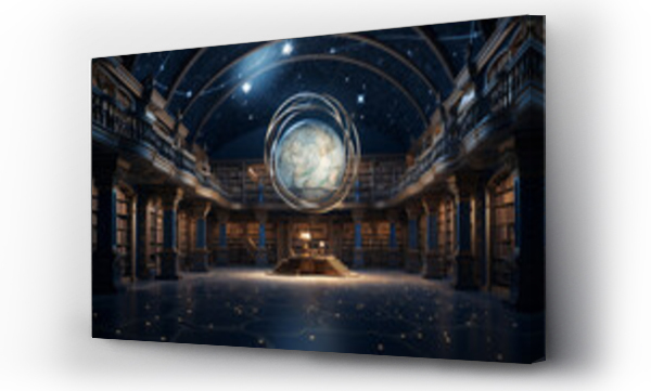 Wizualizacja Obrazu : #654714112 A celestial library with a planetarium-style ceiling, shelves of ancient scrolls, and a mystical atmosphere