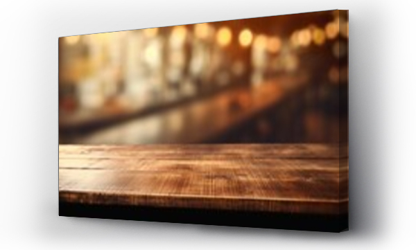 Wizualizacja Obrazu : #654725378 Empty Wooden Table with Bokeh Cafe Background and Golden Lights