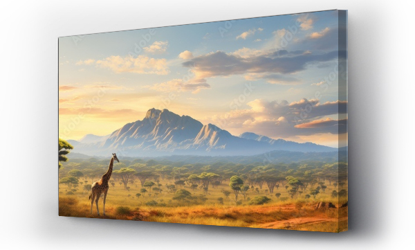 Wizualizacja Obrazu : #654874313 A herd of giraffes roams freely in their natural habitat, set against the majestic mountain backdrop. This scene offers an opportunity to emphasize the beauty and serenity of the wilderness.