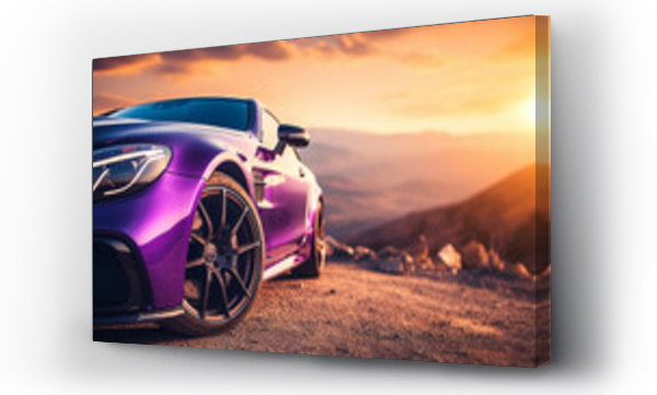 Wizualizacja Obrazu : #655207369 close-up of the headlight and hood of a purple car against a background of mountains