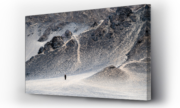 Wizualizacja Obrazu : #655245445 A woman standing in front of a huge black mountain.