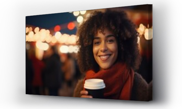 Wizualizacja Obrazu : #655256653 Portrait of a young African American girl drinks coffee while walking in the city center on the eve of Christmas. Festive Christmas lights in the background. She is smiling and looking at camera.