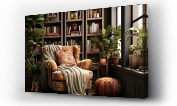 Wizualizacja Obrazu : #655291643 A bohemian reading nook with a bookshelf, a plush velvet armchair, and an assortment of patterned throw pillows, in a retro-style knitted cozy living room in beige and coffee.