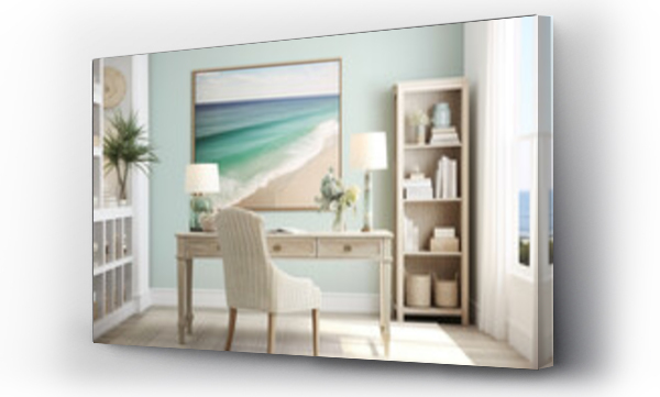 Wizualizacja Obrazu : #655293383 A coastal home office with a white desk, a seagrass chair, beachy wall decor, and minimalist storage solutions.
