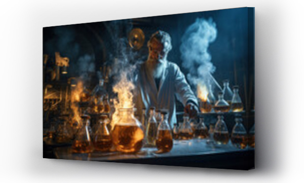 Wizualizacja Obrazu : #655449851 Scientist works with chemical flasks, smoke and steam in retro lab
