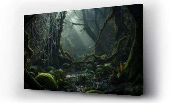 Wizualizacja Obrazu : #655457066 A close-up of dew-covered spiderwebs in a mystical forest setting.