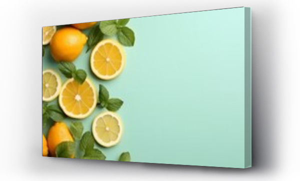 Wizualizacja Obrazu : #655510070 Citrus slices and mint herbs frame on retro mint pastel background with copy space from above. Top view of lemon and orange refreshment. Summer fruit smoothie minimal banner design.