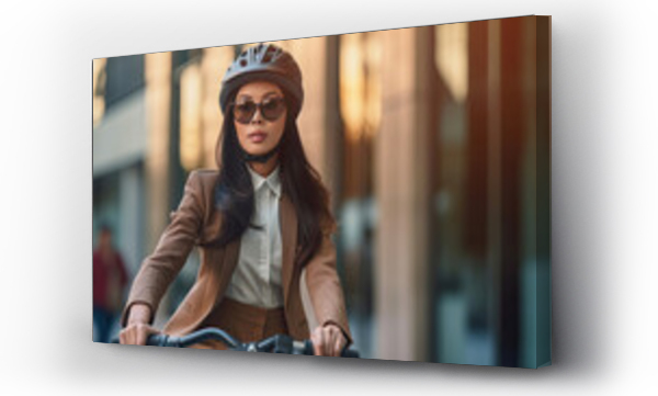 Wizualizacja Obrazu : #655528364 Asian businesswoman in bicycle helmet go to work at office with bicycle on street around building on a city. Bike commuting, Commute on bike, Business commuter concept. Generative Ai