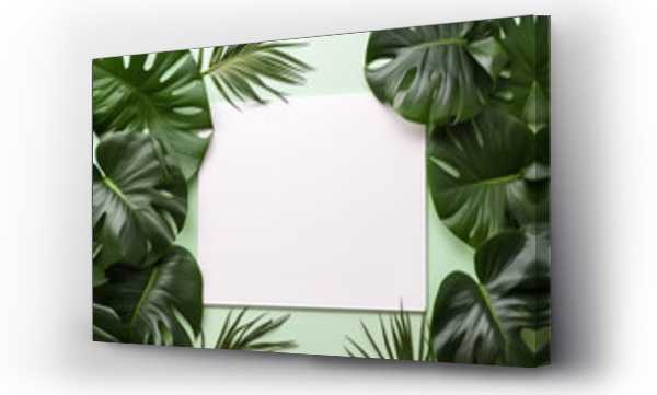 Wizualizacja Obrazu : #656026539 mockup white blank paper sheet with tropical leaves top view on green background, template empty card flat lay for design with copy space