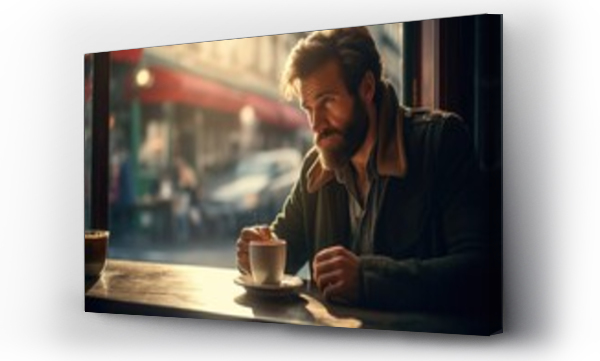 Wizualizacja Obrazu : #656037795 A man is seen sitting at a table, holding a cup of coffee. This image can be used to depict relaxation, morning routine, or a cozy coffee break.