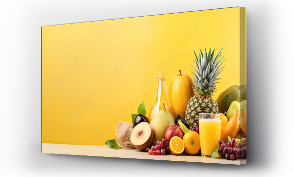 Wizualizacja Obrazu : #656113481 Vibrant banner with tropical fruit and juices spilling from a reusable bag in a healthy diet concept