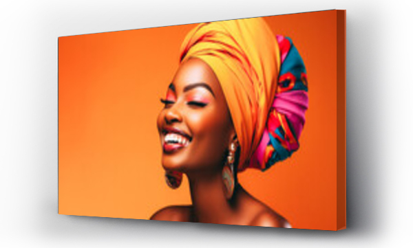 Wizualizacja Obrazu : #656135241 Happy african woman wearing turban isolated on vibrant colors studio background
