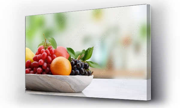 Wizualizacja Obrazu : #656684681 Fruit basket and copy space on marble desk with blurred kitchen background with copyspace for text