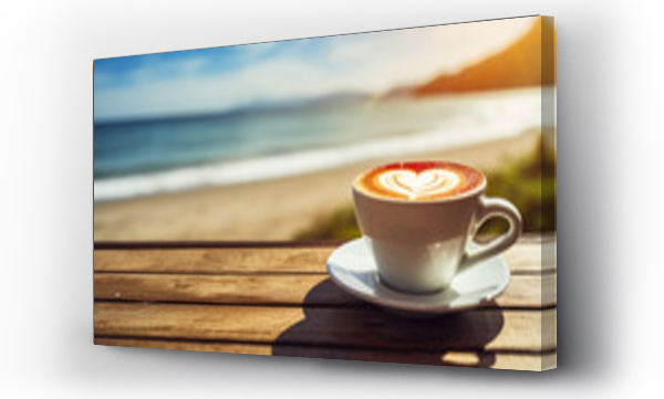 Wizualizacja Obrazu : #656693992 Cup of cappuccino coffee on table with tropical summer sea beach background, Seashore with beautiful view on ocean, AI Generated