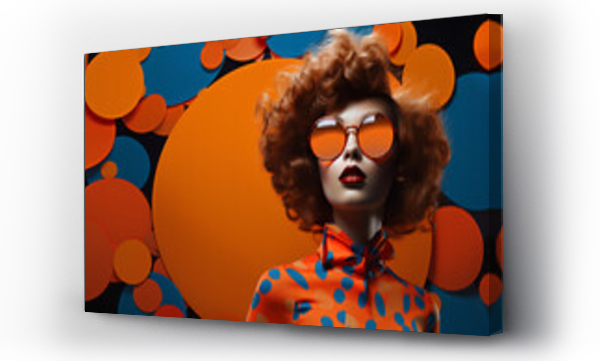 Wizualizacja Obrazu : #656710898 Fashion retro futuristic girl on background with circle pop art background. Woman in sunglasses in surrealistic 60s-70s disco club culture life style