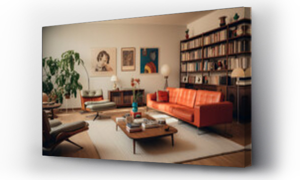 Wizualizacja Obrazu : #656929382 modern interior, retro 70s style, living room filled with vintage furnitures