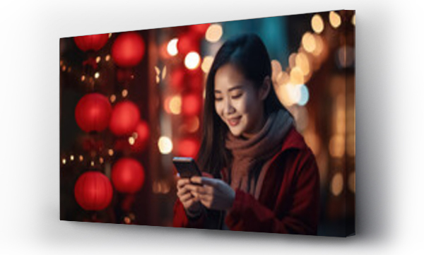 Wizualizacja Obrazu : #656951489 Chinese woman holding a phone in her hand, New Years concept