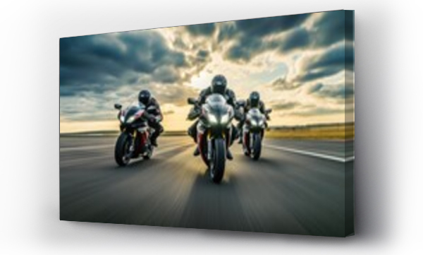 Wizualizacja Obrazu : #657055443 A group of motorcyclists ride sports bikes at fast speeds on an empty road against a beautiful cloudy sky.