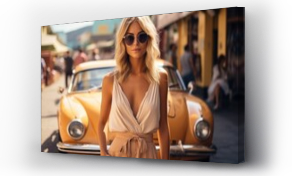 Wizualizacja Obrazu : #657102908 A beautiful hot sexy young girl in a 60-70s style retro car in sunglasses basks in the sun. Summer beach vacation travel light open dress with neckline, stylish photo