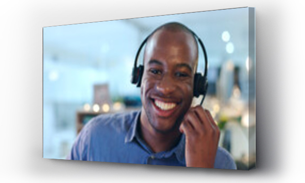 Wizualizacja Obrazu : #657128774 Call center, portrait and black man with smile at desk in office with pride, confidence and success in customer service. Businessman, face and happy with career in Kenya crm, b2b contact or support