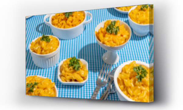 Wizualizacja Obrazu : #657339734 Macaroni and Cheese in various white dishes on blue gingham