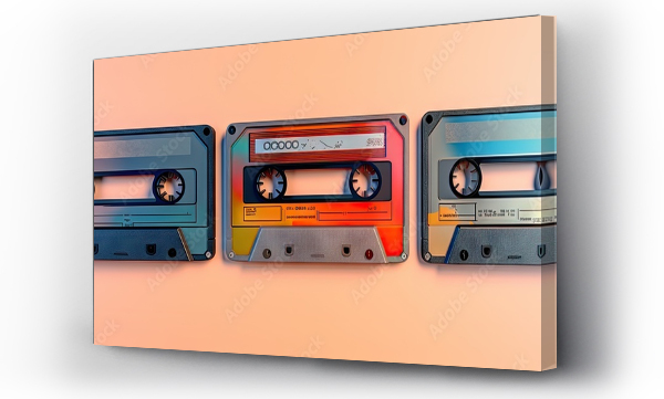 Wizualizacja Obrazu : #657414929 Top view of three retro video cassettes on a isolated pastel background Copy space showcasing 80s technology