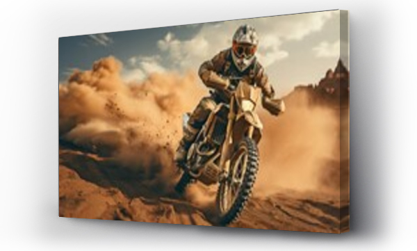 Wizualizacja Obrazu : #657989595 Athlete riding a motorbike through a desert filled with sand..