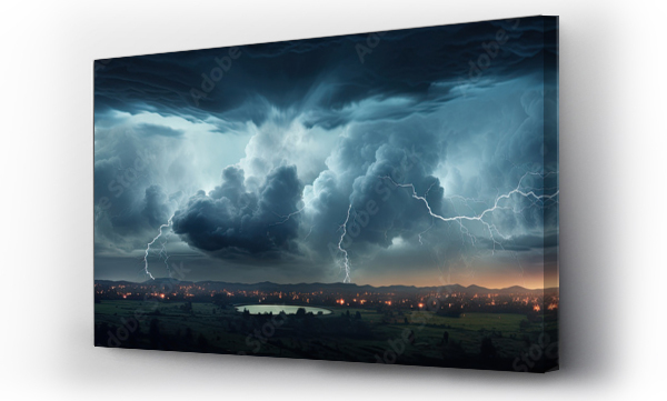 Wizualizacja Obrazu : #658047950 Panorama Dark cloud at night with thunder bolt. Heavy storm bringing thunder, lightnings and rain in summer.