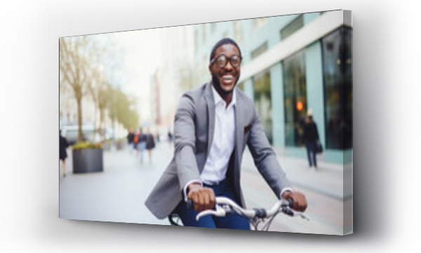 Wizualizacja Obrazu : #658076071 Successful smiling African American businessman riding a bicycle in a city street in Berlin. Healthy, ecology transport