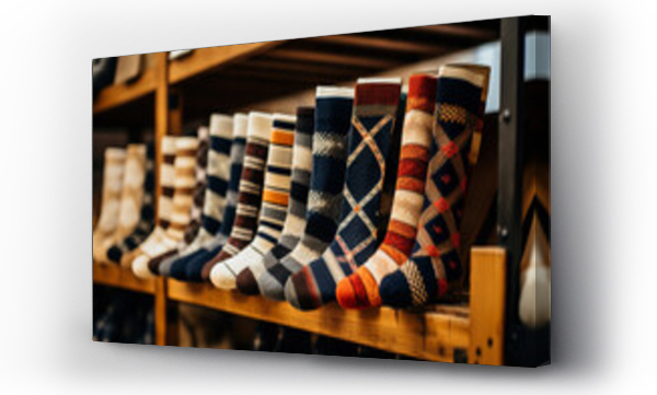 Wizualizacja Obrazu : #658087496 Vintage socks featuring classic argyle patterns displayed neatly on shelves in a retro-style clothing shop