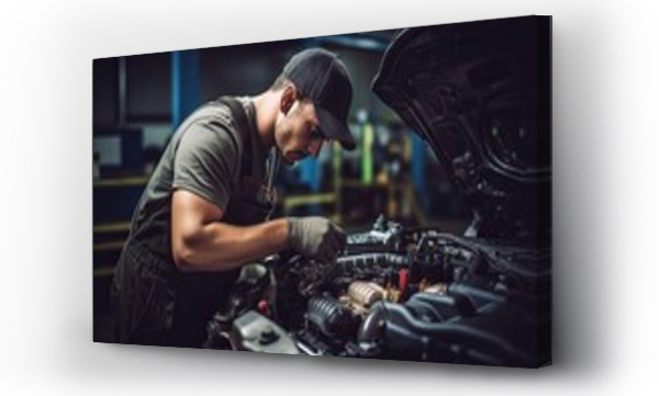 Wizualizacja Obrazu : #658098994 Car mechanic working in auto repair shop. Handsome young man in uniform working with car engine