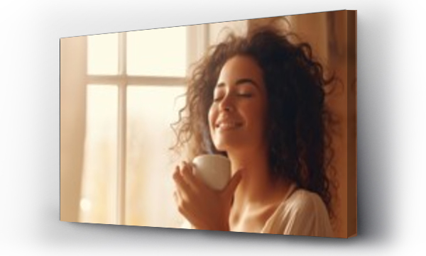 Wizualizacja Obrazu : #658207957 Portrait of joyful young woman enjoying a cup of coffee at morning