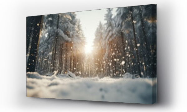 Wizualizacja Obrazu : #658212514 Low angle winter forest landscape blurry background with snow trees and snowfall