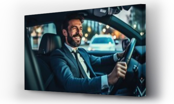 Wizualizacja Obrazu : #658238784 Mid adult man smiling while driving car and looking at mirror for reverse. Happy man feeling comfortable sitting on driver seat in his new car. Smiling mature businessman with seat belt on driving.