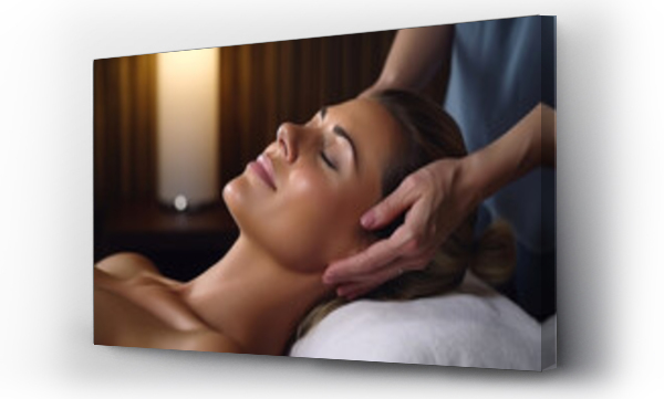 Wizualizacja Obrazu : #658398649 Gorgeous 40 year old woman getting a head massaged in a spa studio, close up shot
