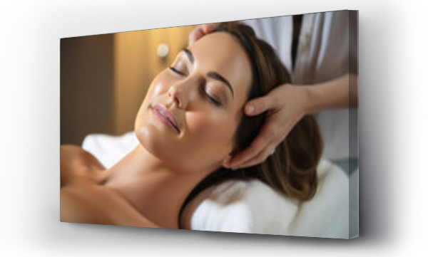 Wizualizacja Obrazu : #658399105 Gorgeous 40 year old woman getting a head massaged in a spa studio, close up shot